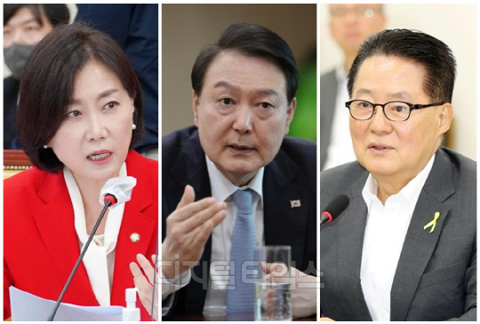 (왼쪽부터) 허은아 개혁신당 당대표 후보, 윤석열 대통령, 박지원 더불어민주당 전남 해남·완도·진도 당선인. <디지털타임스 DB, 대통령실 제공>